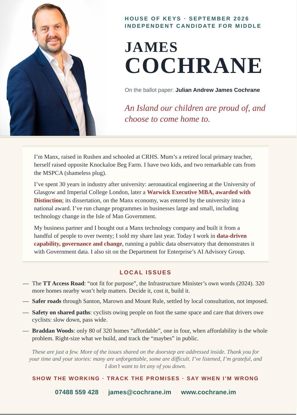 Page 1 of 8. Front cover: photo of James Cochrane; House of Keys, September 2026, Independent Candidate for Middle; about me; on your doorstep