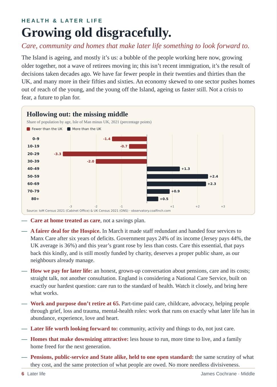 Page 7 of 8. Later life: Growing old disgracefully. Chart of the Island’s age profile versus the UK